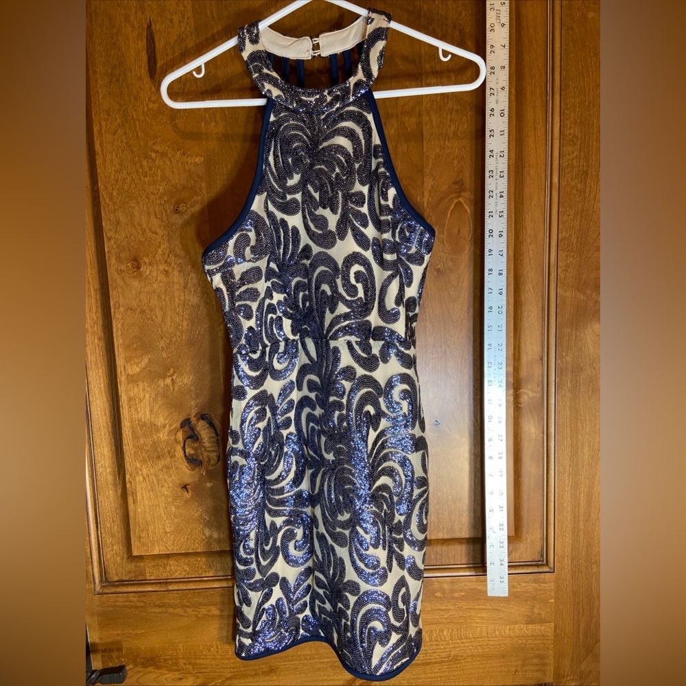 Fashion Nova Navy and Cream Backless Dress